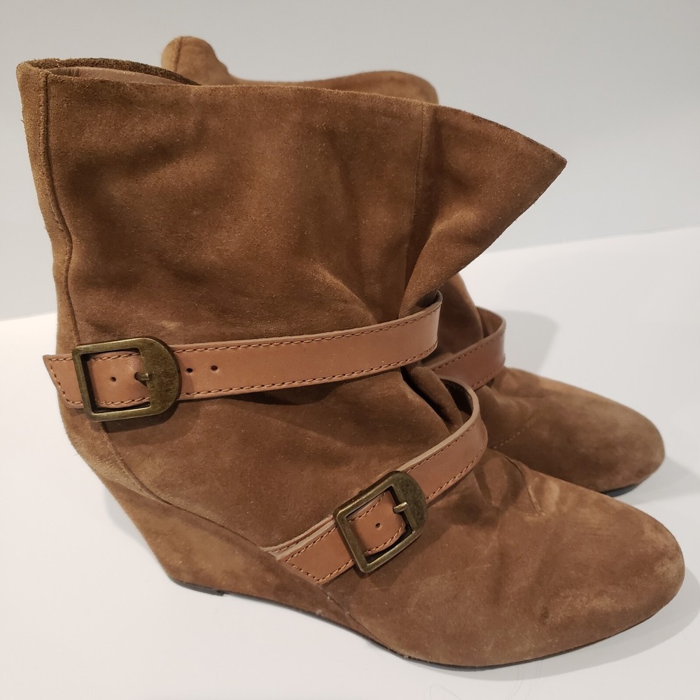 VIA SPIGA FELICE Brown  Pull On Suede  Wedge Ankle Boots Strappy Detail SZ 5-5.5